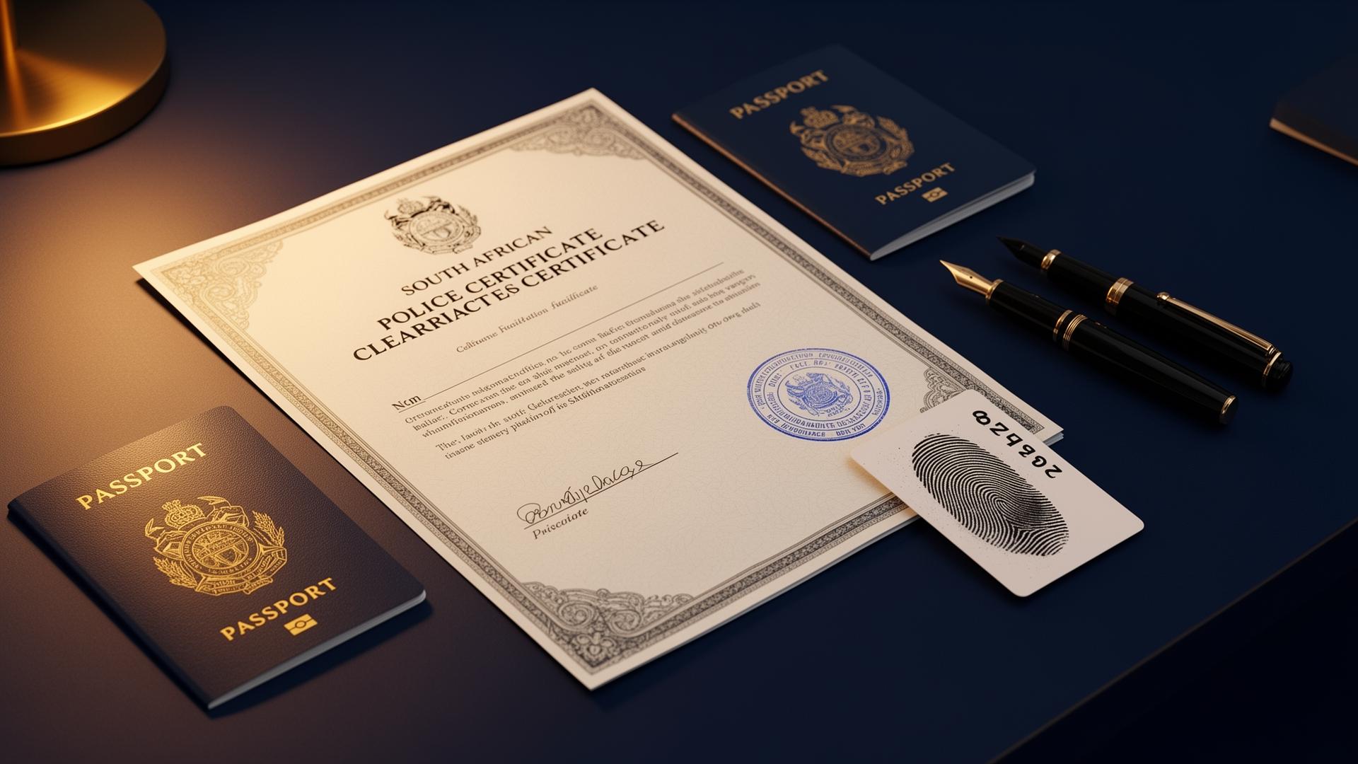 South African police clearance certificate, passport and fingerprint card
